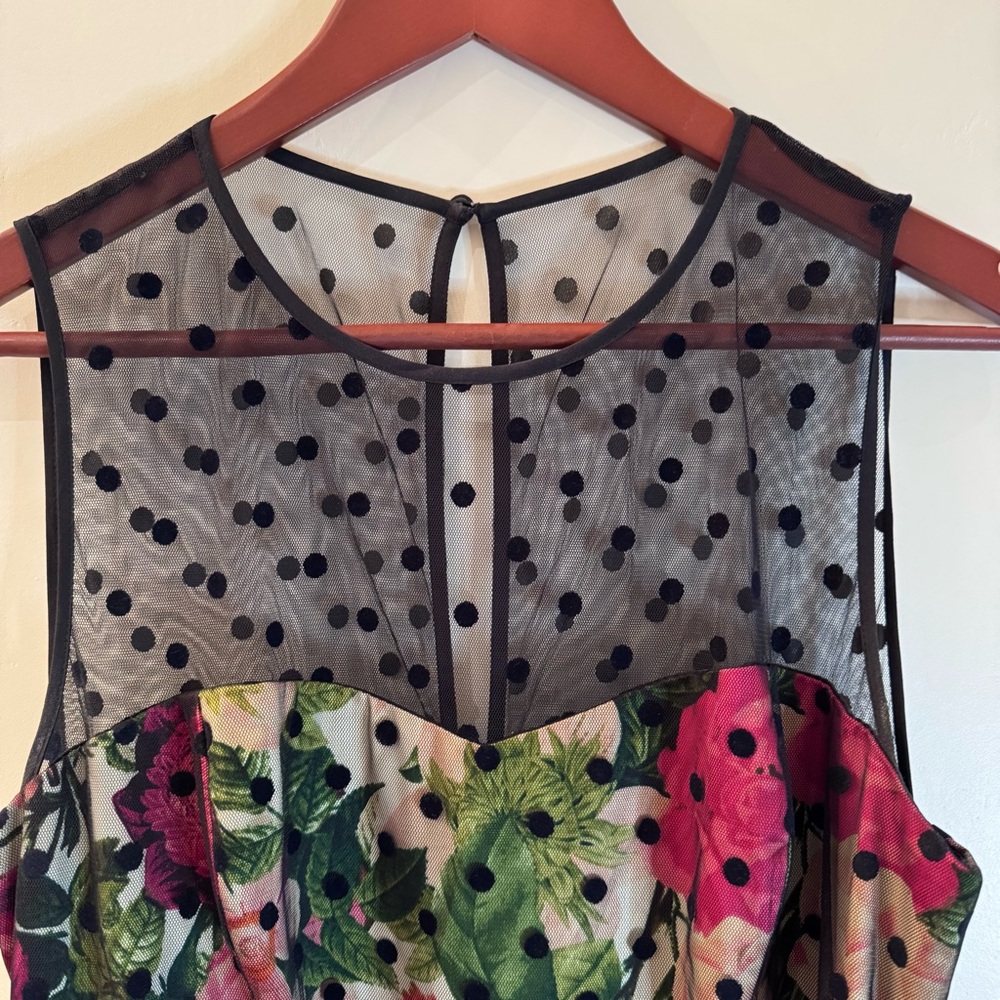 Eliza J Floral Polka Dot Fit and Flare Sleeveless Dress with Pink Belt Size 12 - Picture 2 of 7